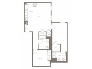 1070 square foot two bedroom two bath with galley kitchen apartment floorplan image