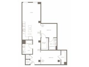 1070 square foot two bedroom two bath with L shaped kitchen apartment floorplan image