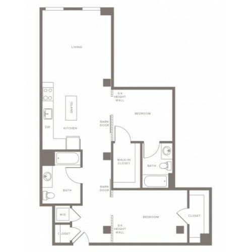 1070 square foot two bedroom two bath with L shaped kitchen apartment floorplan image