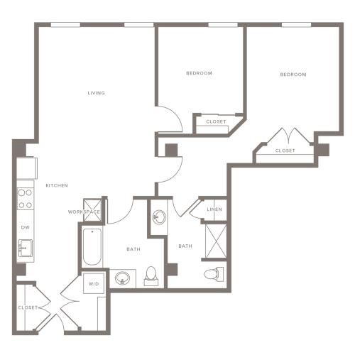 1026 square foot two bedroom two bath apartment floorplan image
