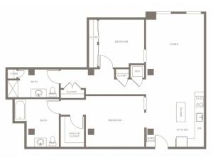 1218 square foot two bedroom two bath apartment floorplan image