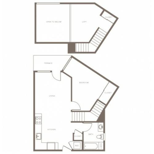 856 square foot one bedroom one bath loft apartment floorplan image