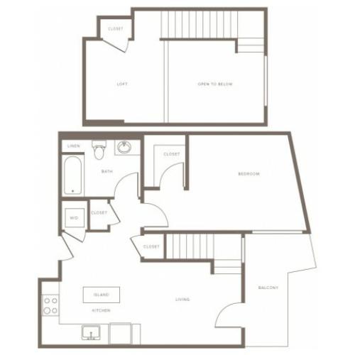 795 square foot one bedroom one bath loft apartment floorplan image