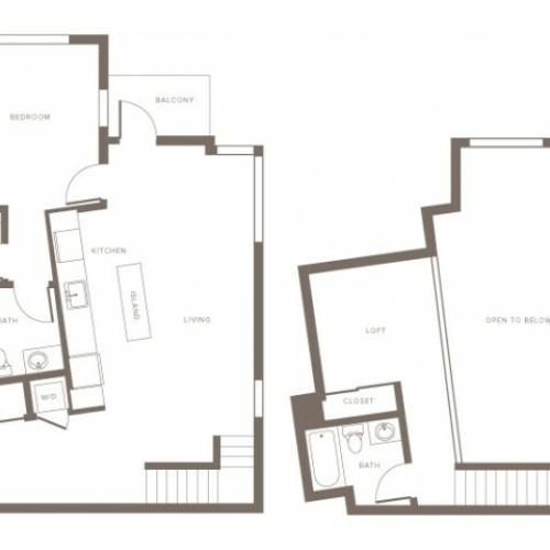 1031 square foot one bedroom two bath loft apartment floorplan image