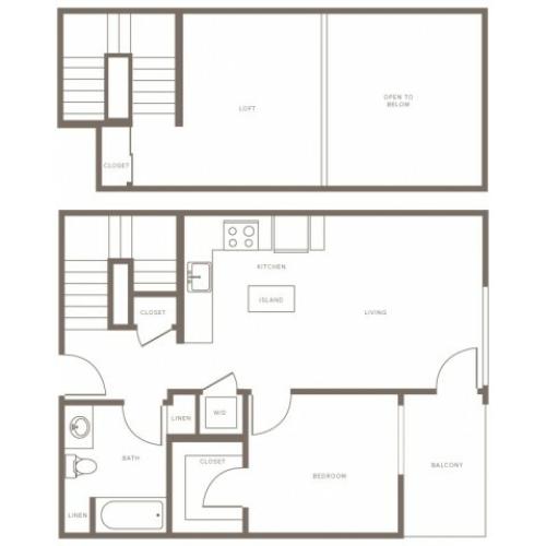 807 square foot one bedroom one bath loft apartment floorplan image