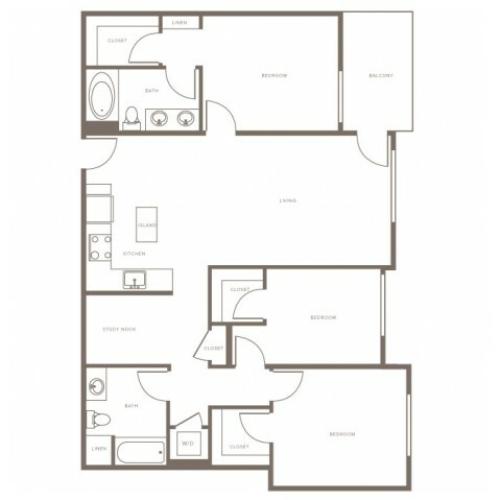 1297 square foot three bedroom two bath apartment floorplan image