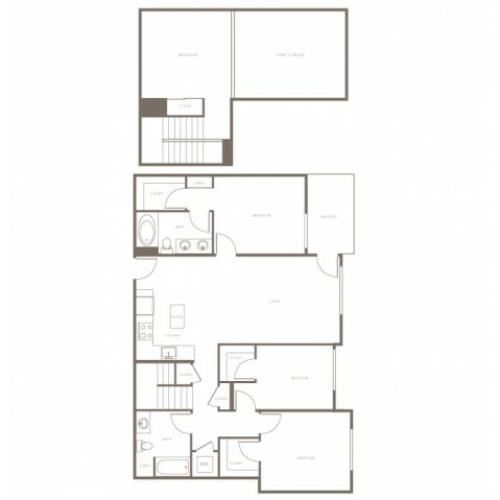 1463 square foot three bedroom two bath loft apartment floorplan image