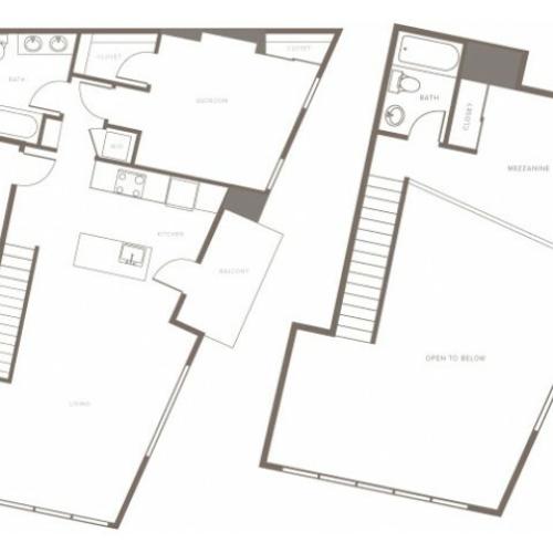 1165 square foot one bedroom two bath loft apartment floorplan image