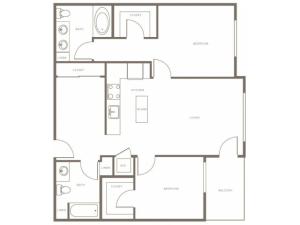 1050 square foot two bedroom two bath apartment floorplan image