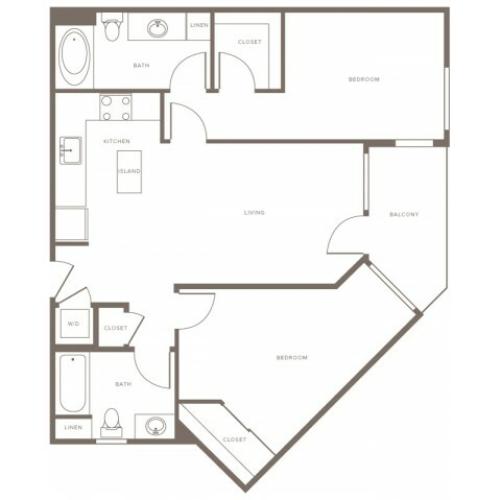 970 square foot two bedroom two bath apartment floorplan image
