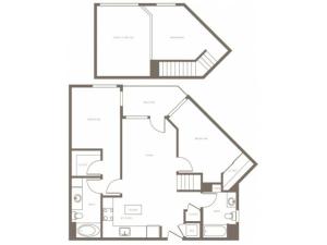 1088 square foot two bedroom two bath loft apartment floorplan image