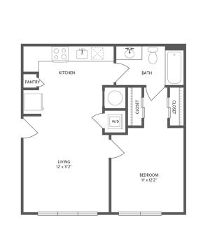606 square foot one bedroom one bath apartment floorplan image