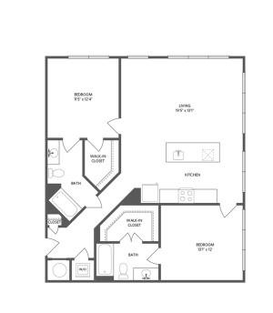 1147 square foot two bedroom two bath apartment floorplan image