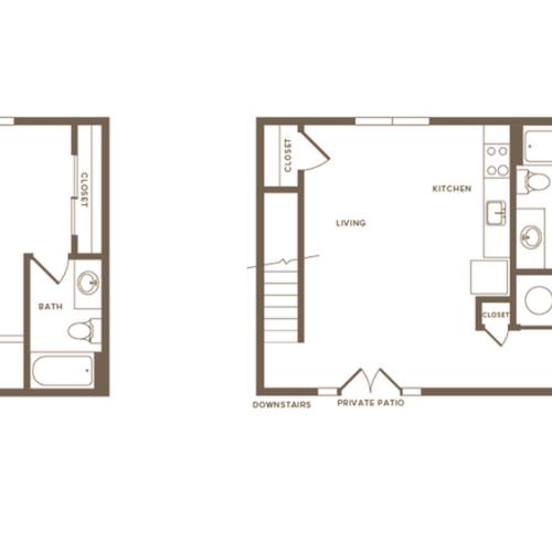 1270 square foot one bedroom two bath loft apartment floorplan image