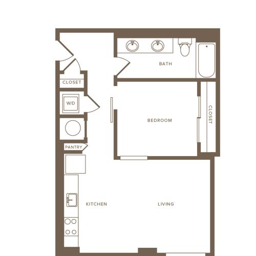 643 to 666 square foot one bedroom one bath with dual sinks apartment floorplan image