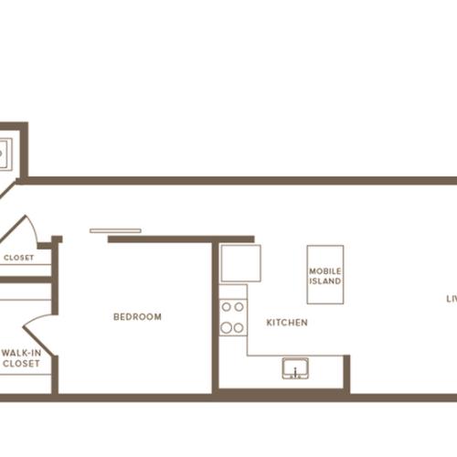 716 square foot one bedroom one bath with L shape kitchen and island apartment floorplan image