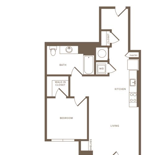 716 square foot one bedroom one bath with galley kitchen apartment floorplan image