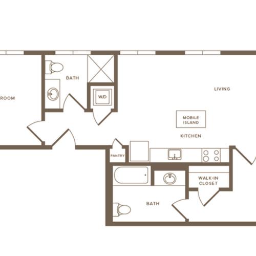 944 to 986 square foot two bedroom two bath apartment floorplan image