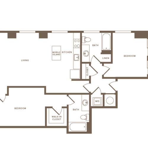 1055 to 1063 square foot two bedroom two bath apartment floorplan image
