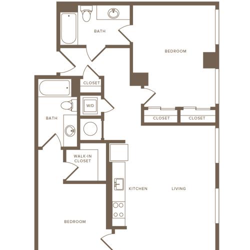 1041 to 1051 square foot two bedroom two bath apartment floorplan image