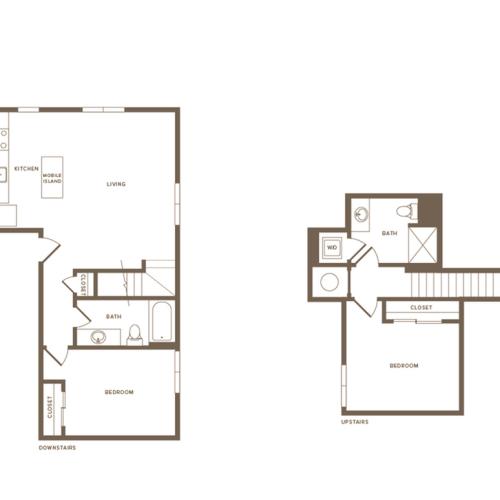 1289 square foot two bedroom two bath two story apartment floorplan image