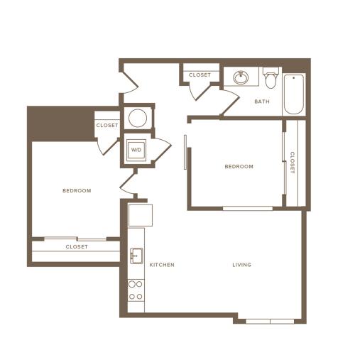 786 square foot two bedroom one bath apartment floorplan image
