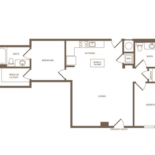 962 square foot two bedroom two bath apartment floorplan image