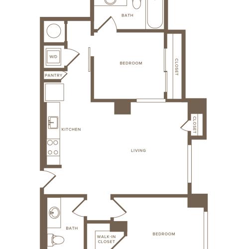 864 square foot two bedroom two bath apartment floorplan image