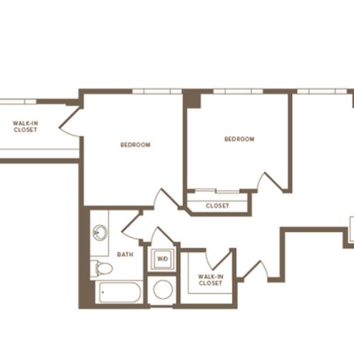 1080 square foot two bedroom two bath apartment floorplan image