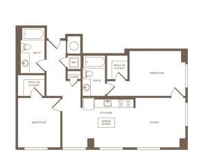 993 to 1000 square foot two bedroom two bath apartment floorplan image