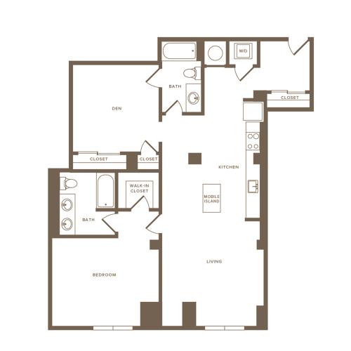1254 square foot one bedroom two bath with den apartment floorplan image