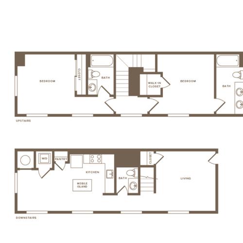 1261 square foot two bedroom two and a half bath two story apartment floorplan image