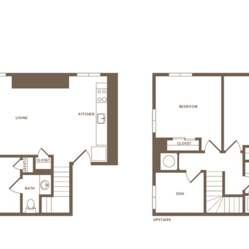1279 square foot two bedroom one and a half bath with den two story apartment floorplan image