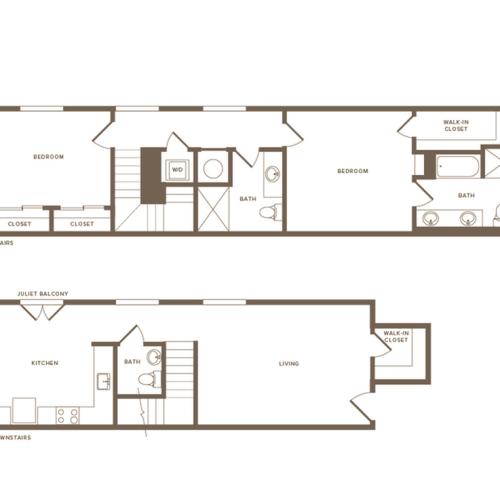 1347 square foot two bedroom two and a half bath two story apartment floorplan image