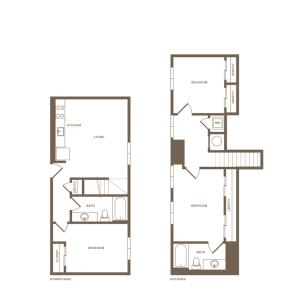 1289 square foot three bedroom two bath two level apartment floorplan image