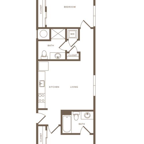 900 square foot two bedroom two bath apartment floorplan image