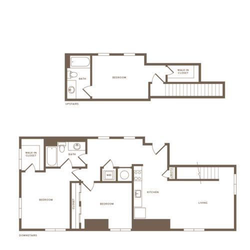 1488 square foot three bedroom two bath two level apartment floorplan image
