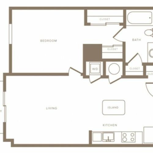 722 square foot one bedroom one bath phase II apartment floorplan image