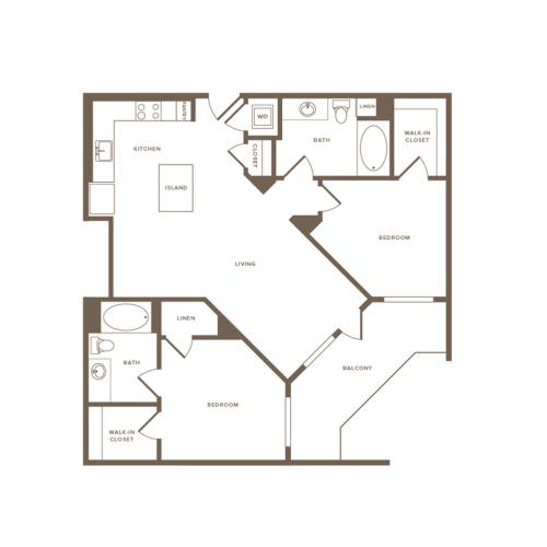 1049 square foot two bedroom two bath floor plan