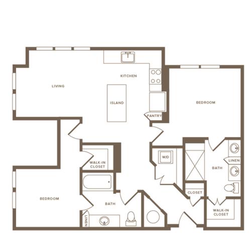 1,009 square foot two bedroom two bath floor plan image