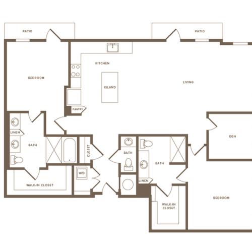 1,550 square foot two bedroom two bath with den floor plan image