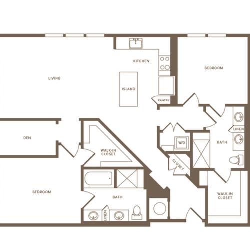1,351 square foot two bedroom two bath with den floor plan image