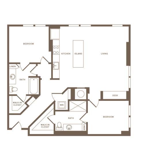 1,165 square foot two bedroom two bath floor plan image