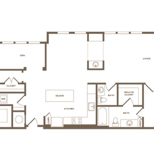 1,589 square foot two bedroom two bath with den floor plan image