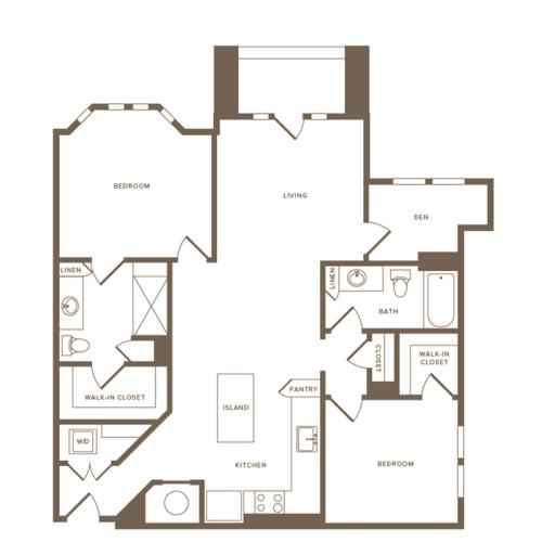 1,260-1,183 square foot two bedroom two bath with den floor plan image