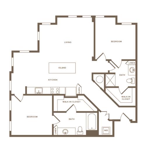 1,121 square foot two bedroom two bath floor plan image