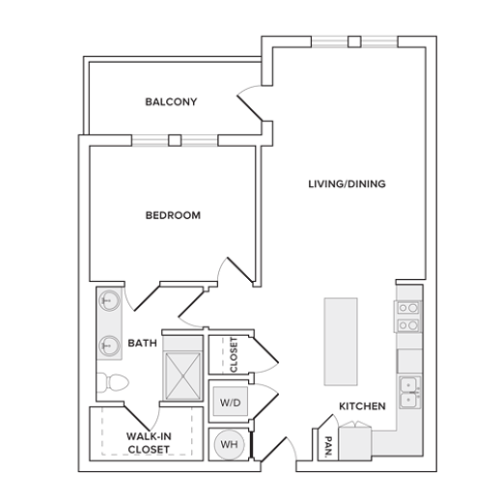 885 square foot one bedroom one bathroom apartment floorplan image