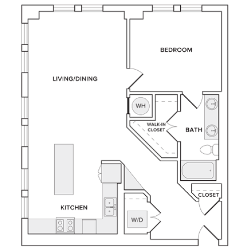 967 square foot one bedroom one bathroom apartment floorplan image