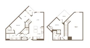 988 square foot two bedroom two bath with den floor plan image