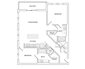 1184 square foot two bedroom two bathroom apartment floorplan image